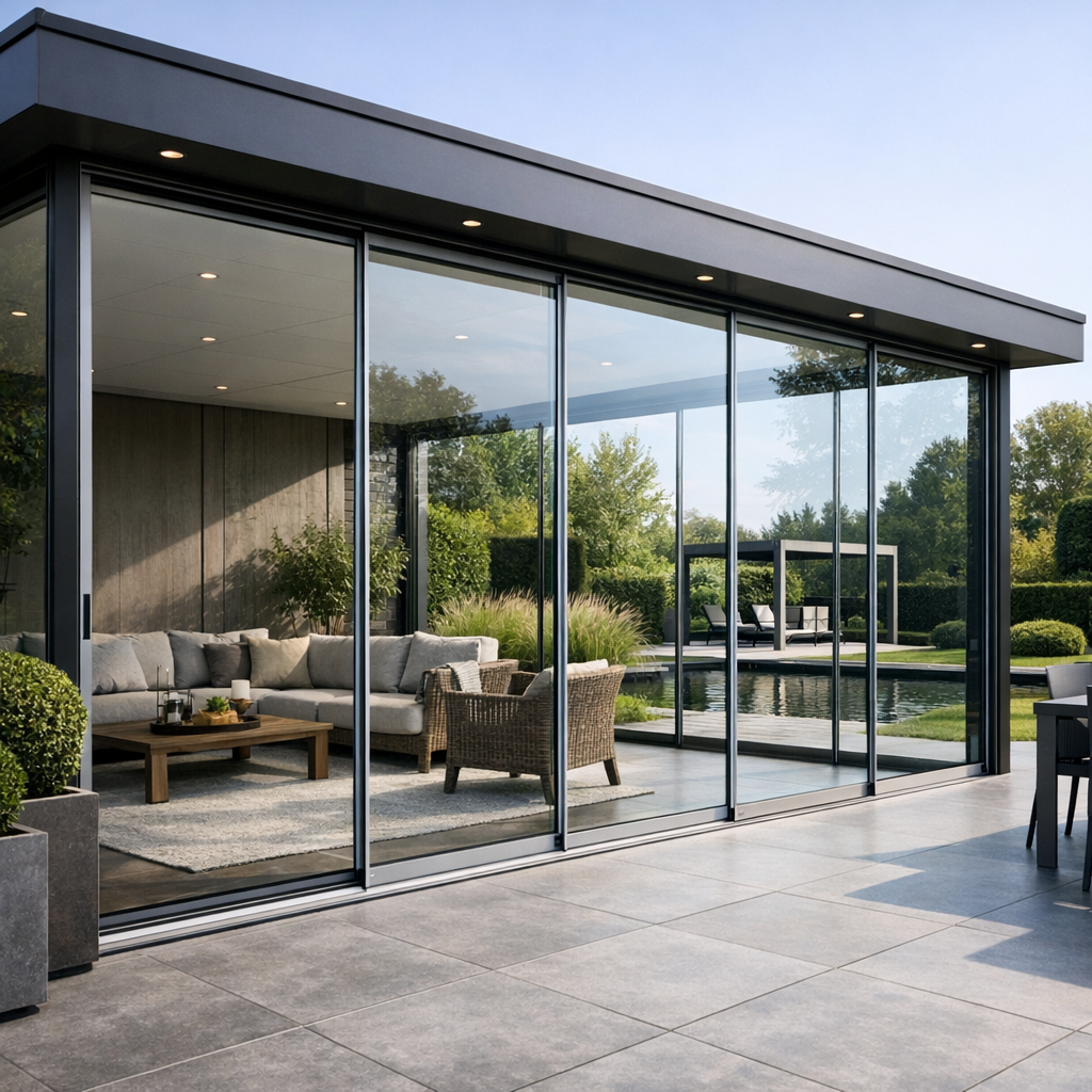 glazen schuifwand systeem in een luxe veranda grote glaspartijen moderne tuin realistische stijl.png